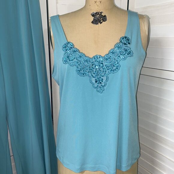 Vintage Susan Lucci Aqua Green Tank Top Pull On Pants Set Poly Knit Suit Sz Med - Picture 2 of 11